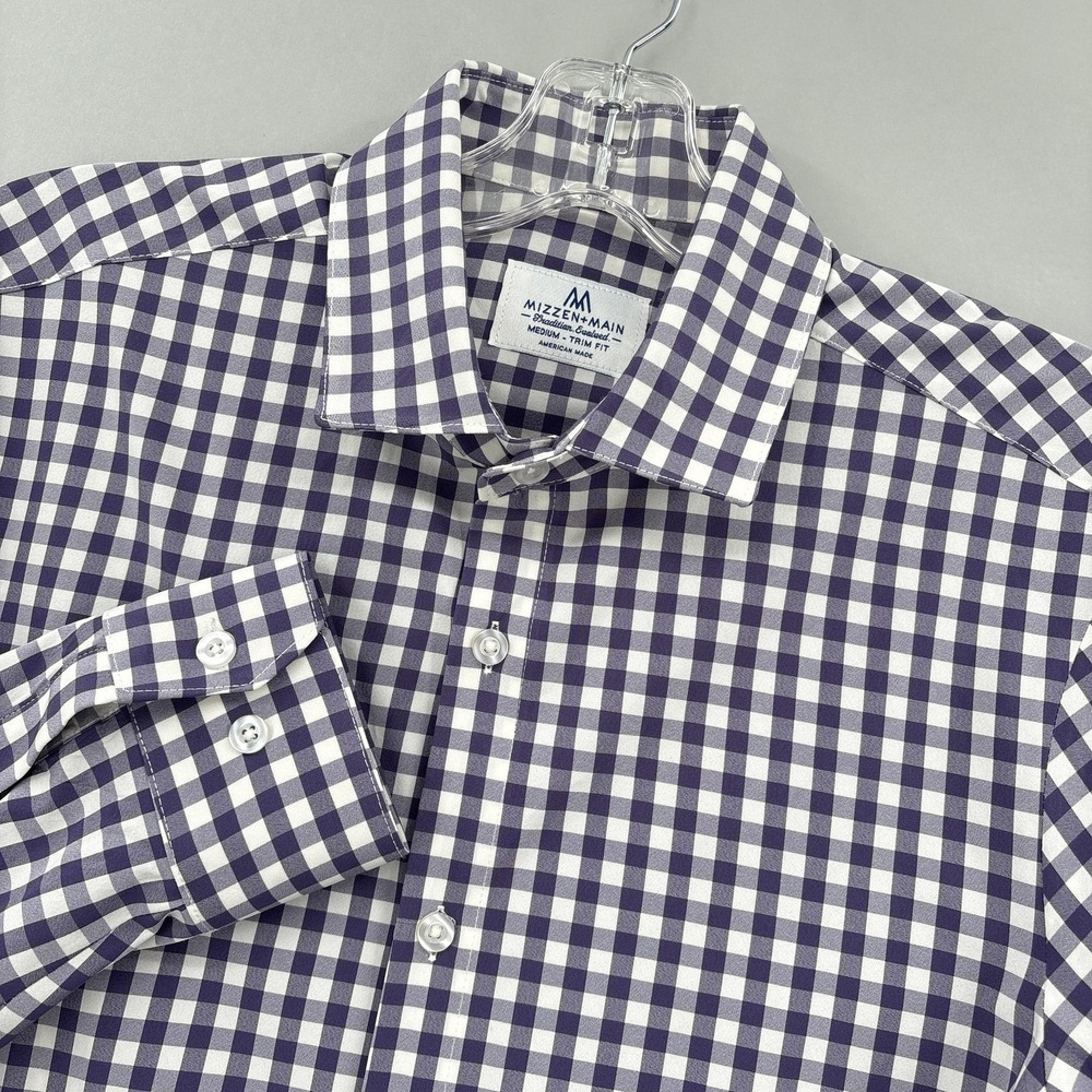 Mizzen+Main Shirt Mens Medium Purple Check Trim Button Up Long Sleeve Stretch